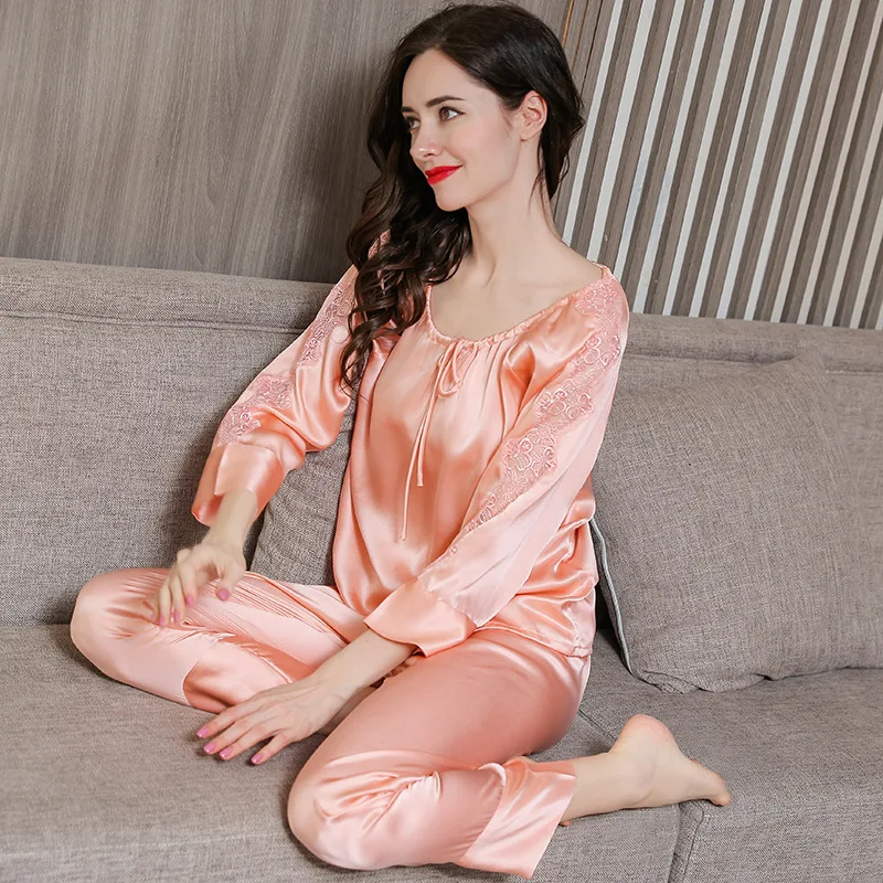 Birdsky, 1SET Women pajamas pijamas pajama set nightwear long sleeve lace sleepwear O neck 100% mulberry silk satin solid, S-295