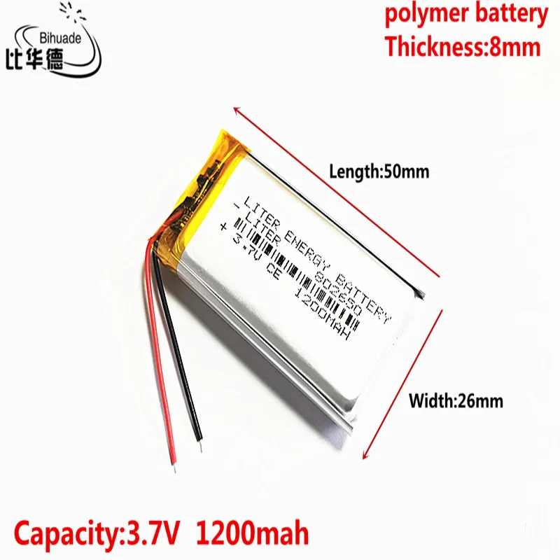Liter energy battery 3.7V 1200MAH 802650 Lithium Polymer LiPo Rechargeable Battery For Mp3 headphone PAD DVD bluetooth camera