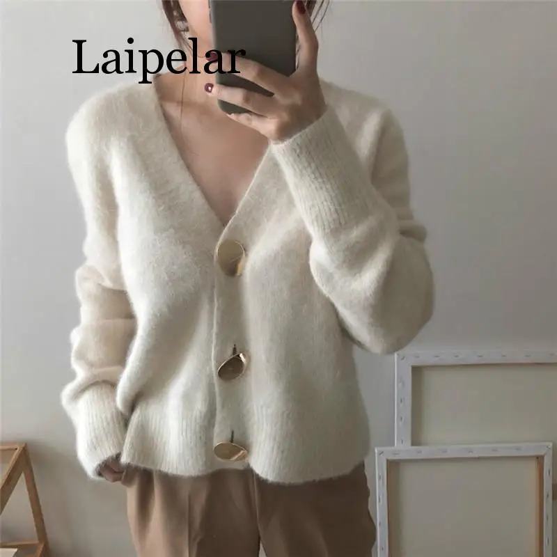 Solid Elegant Women Cardigans Casual V-Neck Cashmere Knitted Women Sweaters Coat Slim Autumn Winter Clothes Female