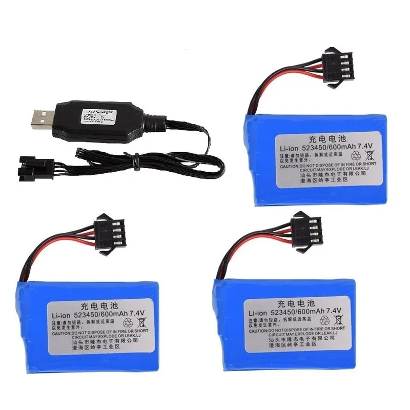 7.4V 600mAh Li-ion battery 523450 SM-4P Plug /USB Charger for E561 E568 RC truck RC car RC boat spare parts 600mAh  7.4V