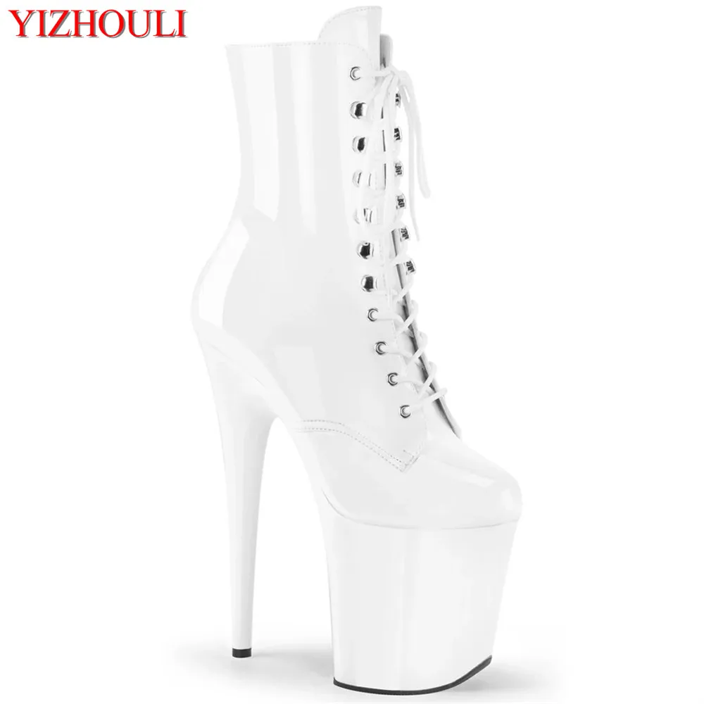 

20 cm stilettos with lacquered soles, 8 inch model night club performance boots, round head zipper openings, bright ankle boots