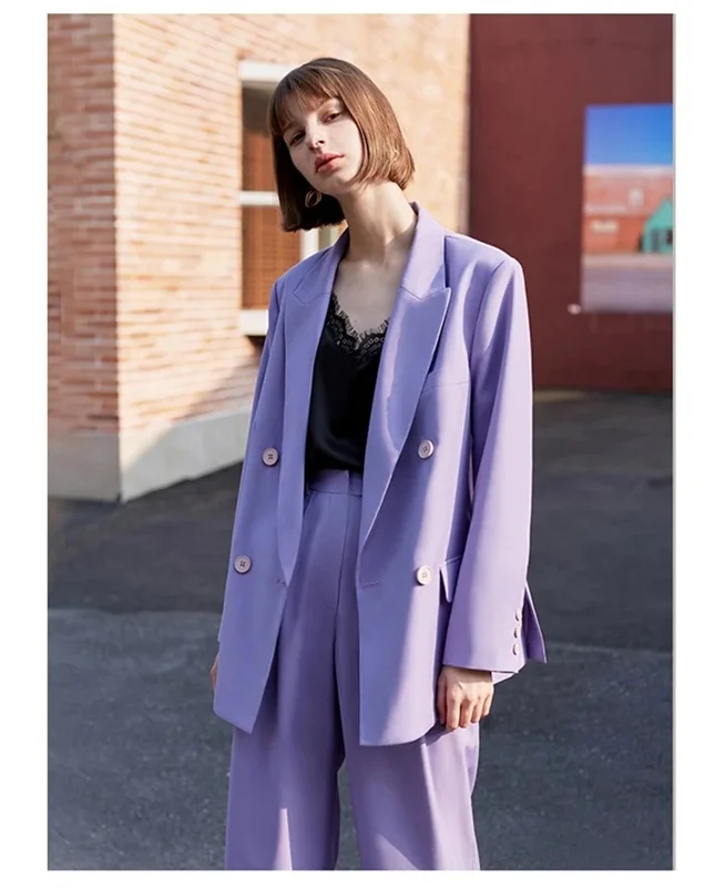 

Oversize Lavender Women Pantsuits Autumn 2 Buttons Blazer+ Wide Zipper Long Pants Officer Lady Trousers Suits Custom Made