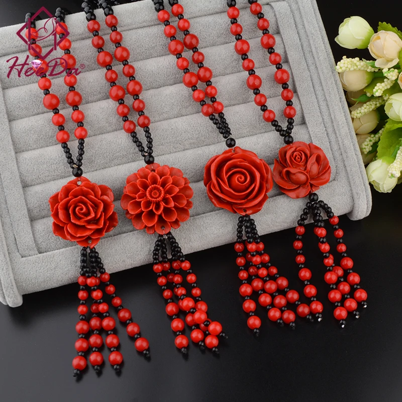 Lady Ethnic Graceful Long Beads Necklace Women Vintage Joker Red Tassel Sweater Chain Lady Elegant Flower Jewelry Accessories