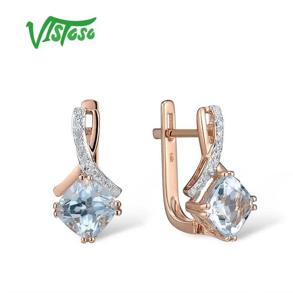 VISTOSO Gold Earring For Women Genuine 14K 585 Rose Gold Radiant Garnet Sparkling Diamond Earring Engagement  Wedding Jewelry