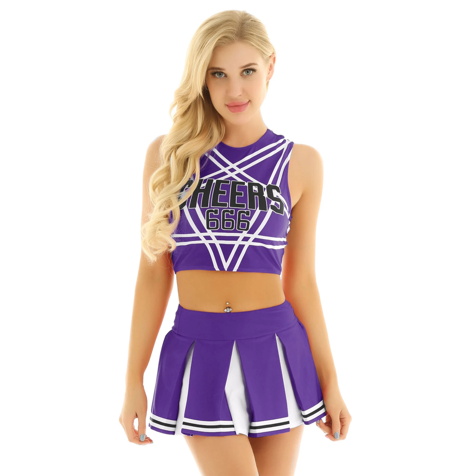 2Pcs Women Cheerleading Uniforms Cheers 666 Printed Sleeveless Crop Top Mini Pleated Skirt Set  Adults Cheerleading Costume