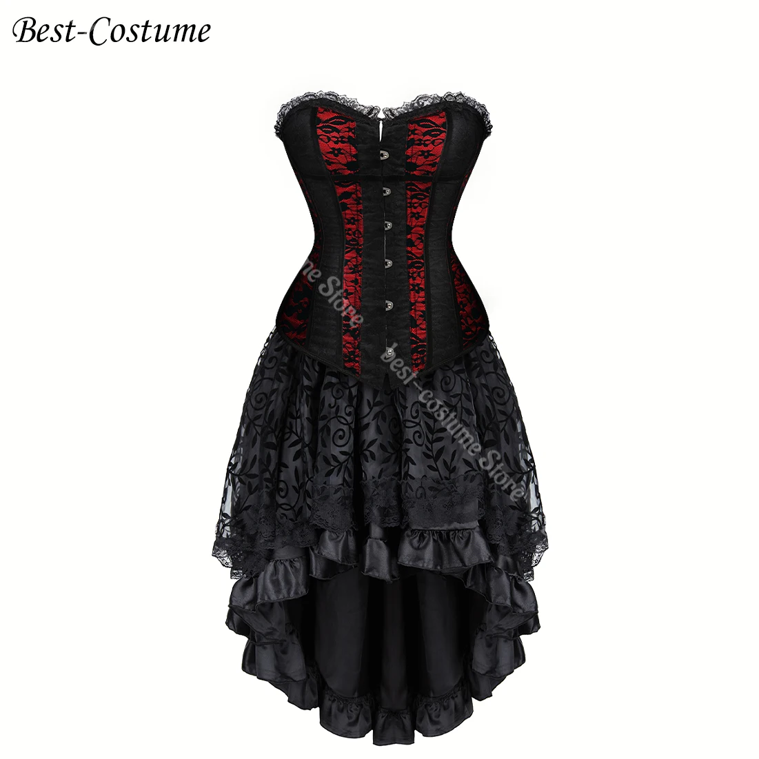 Vintage Corset Dresses for Women Sexy Lace Overbust Corset Bustier Plus Size Gothic Dress with Corset Satin Black Red