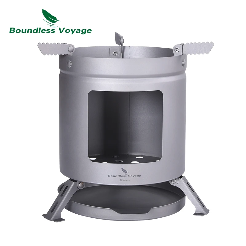 Boundless Voyage Outdoor Camping Titanium Wood Stove With Folding Pot Stands Tripods Portable   Burning Stove Camp Stove Ti1513A