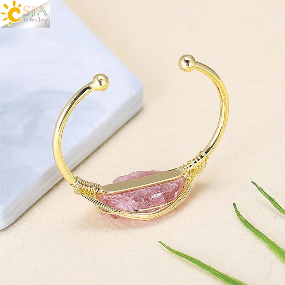 CSJA Gem Stone Open Cuffs Bracelets Crystals Natural Stones Bangles Gold Color Wire Wrap Bracelet for Friend Bijoux Femme G866