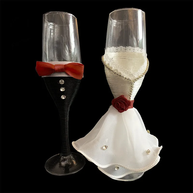 Newest 1 pair red bow and white lace Rustic Wedding Bridal Shower Gift wedding burlap Champagne Toasting Glasses Set