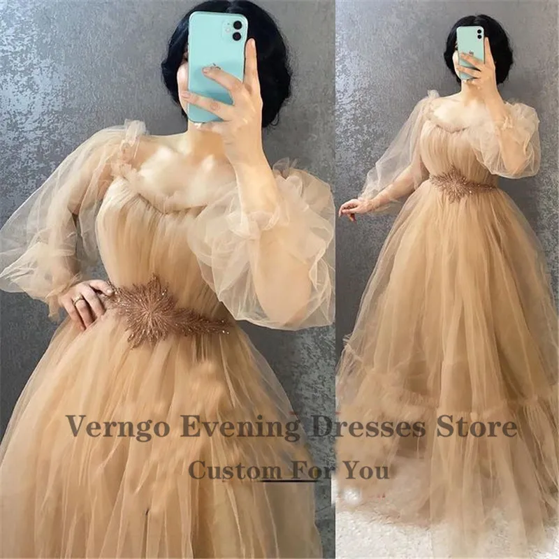 Verngo-Robe de Rhen tulle vert olive pour femme, manches longues bouffantes, ceinture en diamant chérie, grande taille, quelle que soit la robe de soirée rouge, 2021