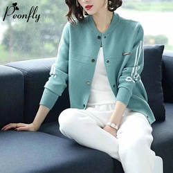 PEONFLY Casual Single Breasted Cardigan Women New 2022 Spring Knitted Coat Women Sweaters Loose O Neck Long Sleeve Female Tops