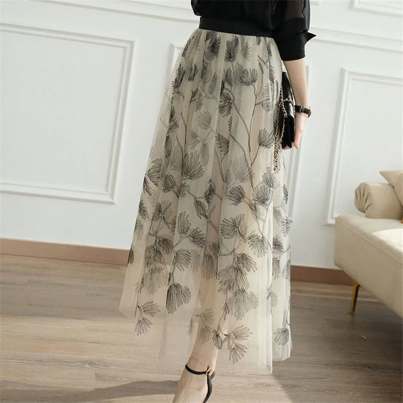 

Women Skirt Summer Print Mesh White Elegant Midi Skirt A-Line High Waist Evening Night Party Skirt Vintage mujer faldas 2021