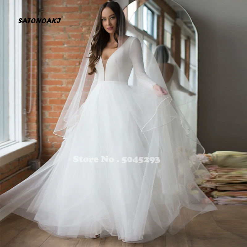 

Vestido De Novia Simple Long Sleeve Wedding Dress for Bride A-Line Tulle Backless Floor Length Princesa Bridal Gown Robe Mariée