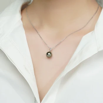 AnuJewel 18K 골드 다이아몬드 펜던트 10-11mm 천연 타히티 검은 진주 해수 펜던트 45cm 실버 체인 선물 