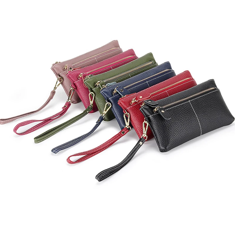 Bolso de mano de cuero genuino para mujer, cartera con cremallera para tarjetas de identificación, dinero, monedas, bolsillo para teléfono, carteras