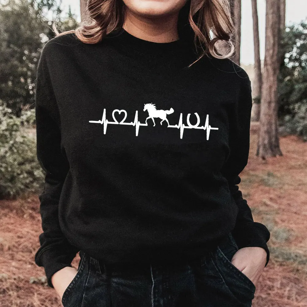 

Horse Heartbeat New Arrvial 100%Cotton Women Sweatshirt Horse Girl Funny Casual Winter O-Neck Long Sleeve Top Gift for Mother