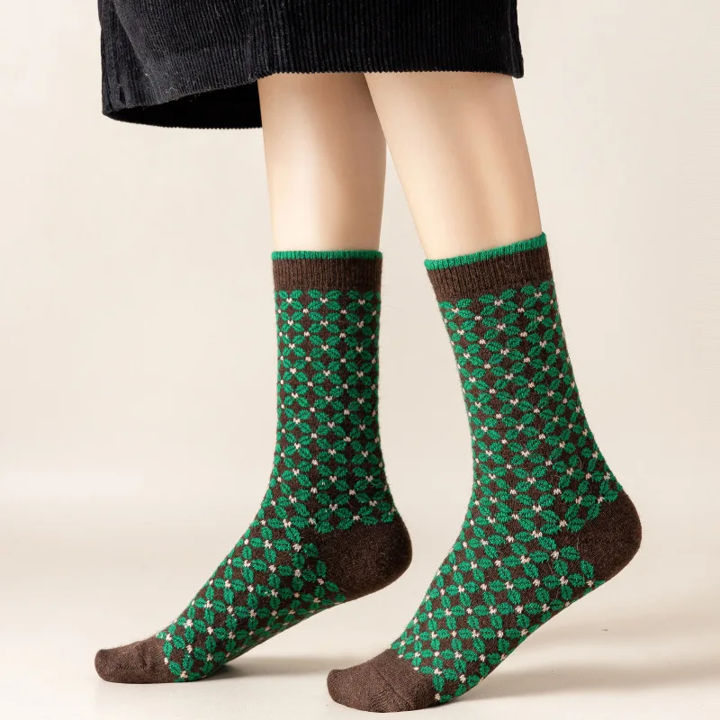 DaiShana-Chaussettes longues en laine pour femmes, chaussettes de luxe coréennes, motifs géométriques, chaussettes d'hiver, chaussettes de maintien au chaud, mode hivernale