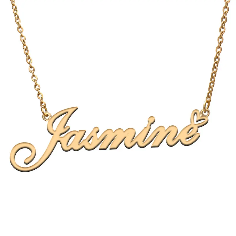 Jasmine with Love Heart Name Necklace for Women Stainless Steel Jewelry Nameplate Pendant Femme Mother Child Girls Gift