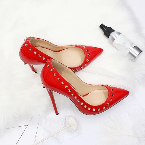 Sexy Woman Heel New Stilettos High Heels Spring Autumn Patent Leather Pointed Toe Women Rivet Ladies Pumps Shoes Big Size D031A