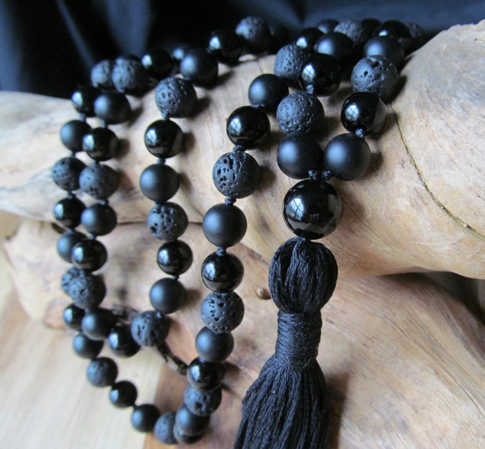 Black Onyx and Lava Mala Beads, 108 Bead Mala, Tassel Necklace, Yoga Jewelry