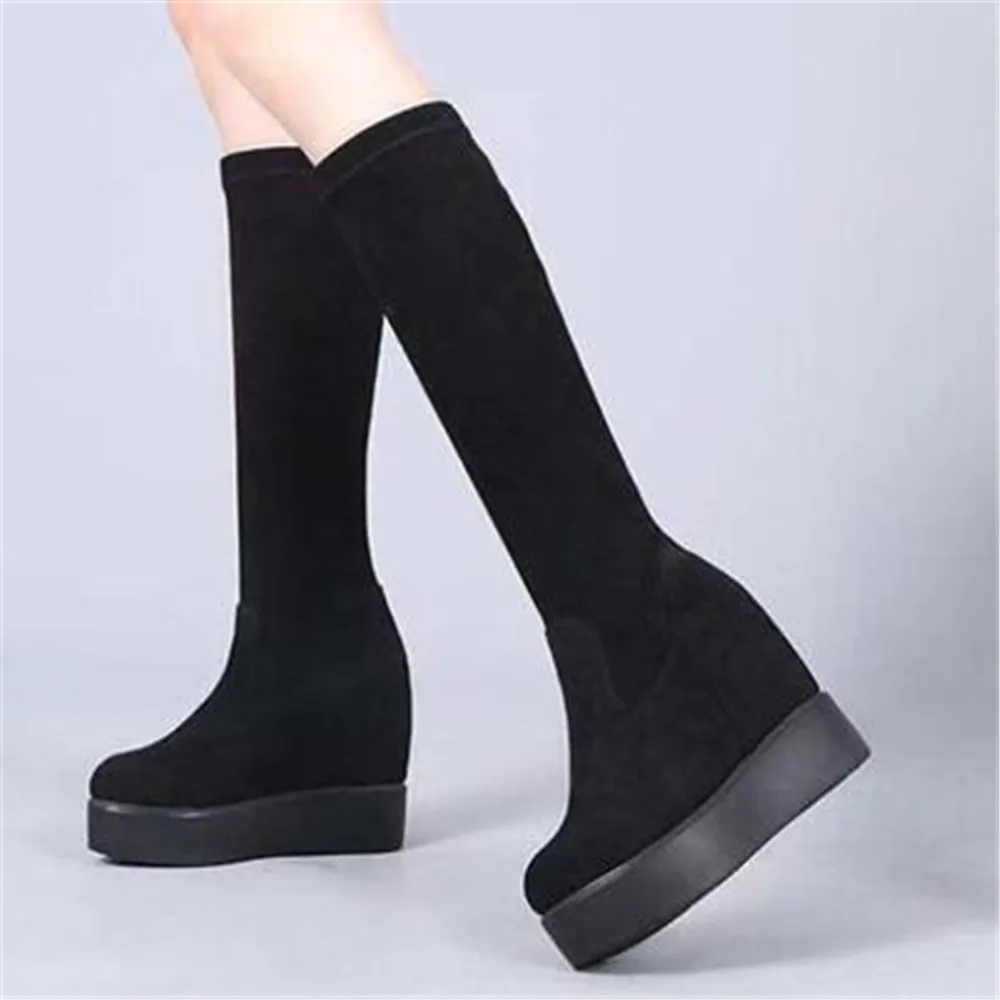 Autumn Winter Warm Wedges Knee High Boots Inner Increase Women\'s Round Toe Elastic Boots Long Tube Muffin Bottom Female Shoes