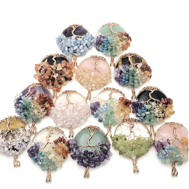 Natural Cabochon Stone Tree of Life Necklace Pendant Rose Gold Color Wire Wrap Chip Bead Wisdom Tree Healing Women Men