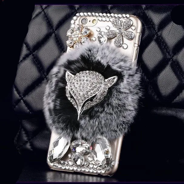 

Rabbit Fur Phone Case for iPhone 15 16 14 Pro Max 14 13 12 Mini 11 Fox Diamond Rhinestone Phone Cover Funda Handmade Jewelled