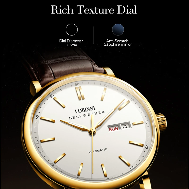 LOBINNI мужские деловые автоматические часы с кожаным ремешком, аналоговый дисплей, механические часы, дата, неделя, часы с сапфировым стеклом