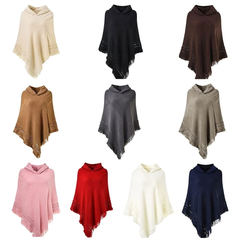 

Women Winter Knitted Hooded Poncho Cape Solid Color Crochet Fringed Tassel Shawl Wrap Oversized Pullover Cloak Sweater