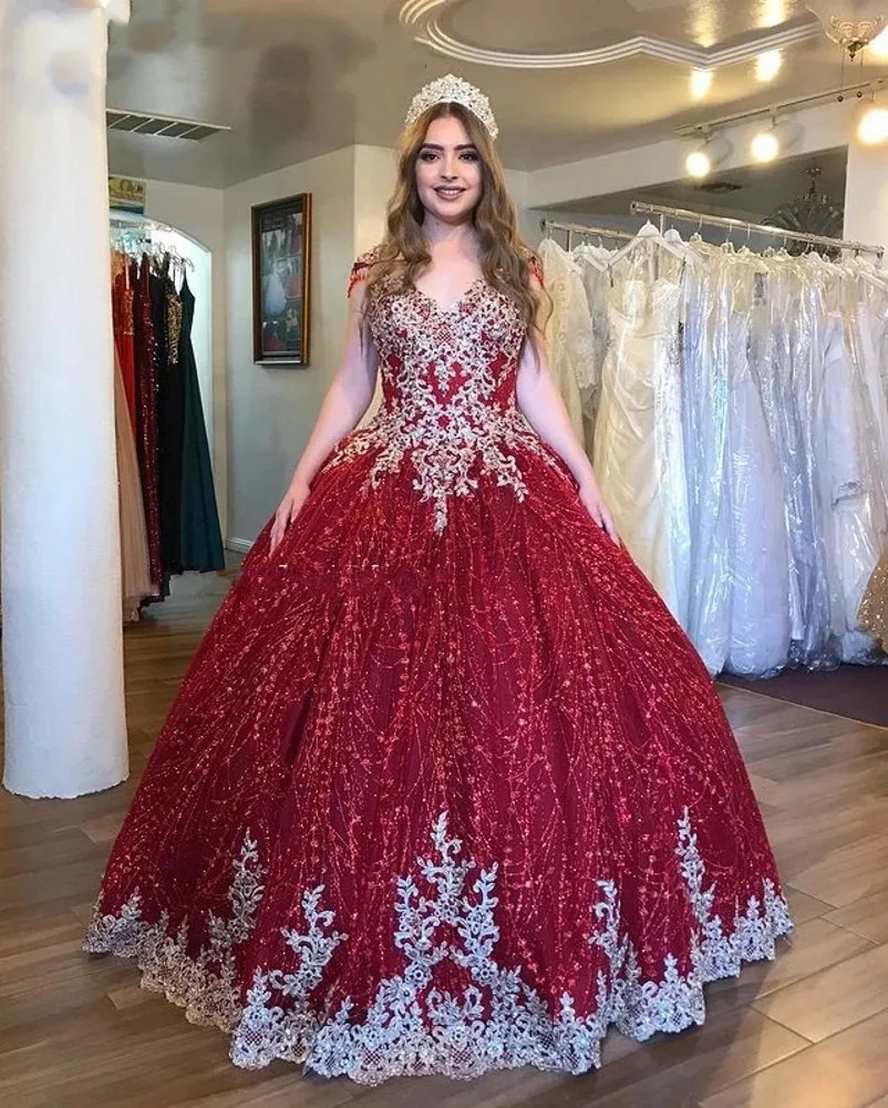 Vestidos de quinceañera con cuentas Rojas, apliques dorados, 16 vestidos de desfile, 15 años de quinceañera