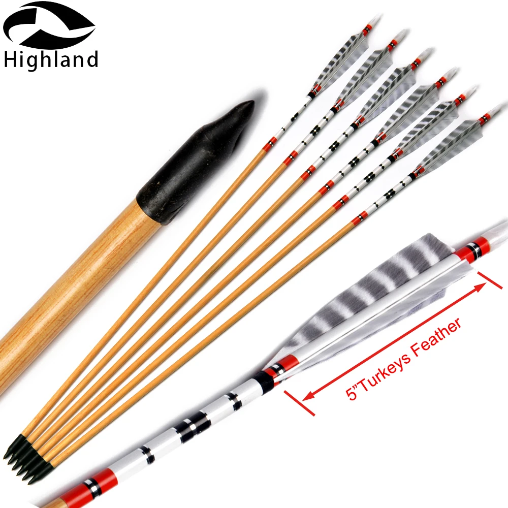 12PCS 85cm  Wood Arrows with Turkeys Feathers Spine 500 Wooden Arrows OD8.5mm for Recurve Compound Bow Longbow Archery Shooting