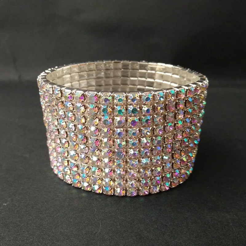 10 Rows Diamante Rhinestone Elastic Bridal Bangle Bracelet Stretch Wristband Brazaletes Pulseras Mujer Pulseira Feminina Bangles