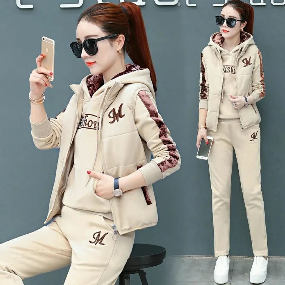 Warm 3 Piece Set Casual Waistcoat Thick Hooded Tracksuit Jogger Harem Pant Suits Fall Winter Women Embroidery New Sweatsuits