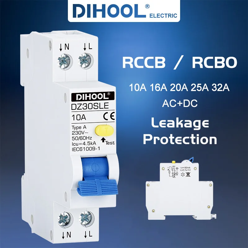 18mm type A Class rccb 110V 220V RCBO 10A 20a 40A 50A 63A 30mA Residual Current Circuit Breaker leakage WIth Overload protection