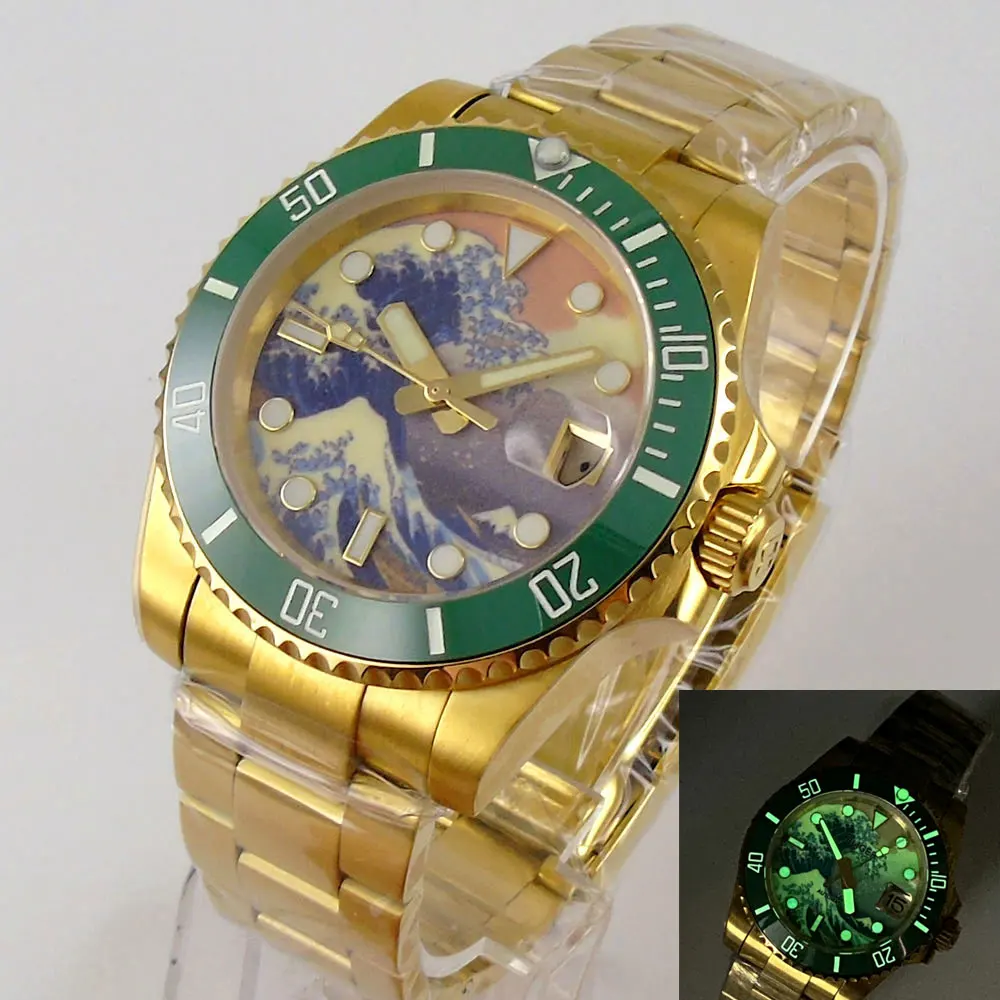 Golden 40mm mechanical automatic men's watch  NH35A surfing dial sapphire glass 316L bracelet date super lume hands