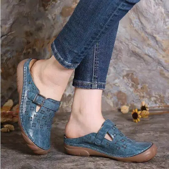 df8Summer Women Premium Orthopedic Open Toe Sandals Buckle Anti-slip Breathable Leather Casual Female Platform Retro Shoes