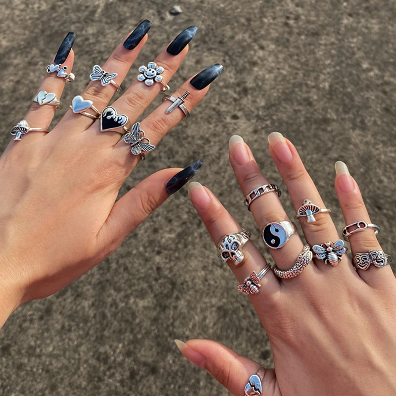 Punk YinYang Ring Set for Women Gothic Black Heart Butterfly Vintage Ghost Silver Color  Plated Retro Rhinestone Finger Jewelry
