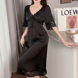 Women Sexy Black Long Nightdress Soft Satin Silk Sleepwear Home Dressing Gown Short Sleeve Lace Trim Nightgown Lingerie Bathrobe