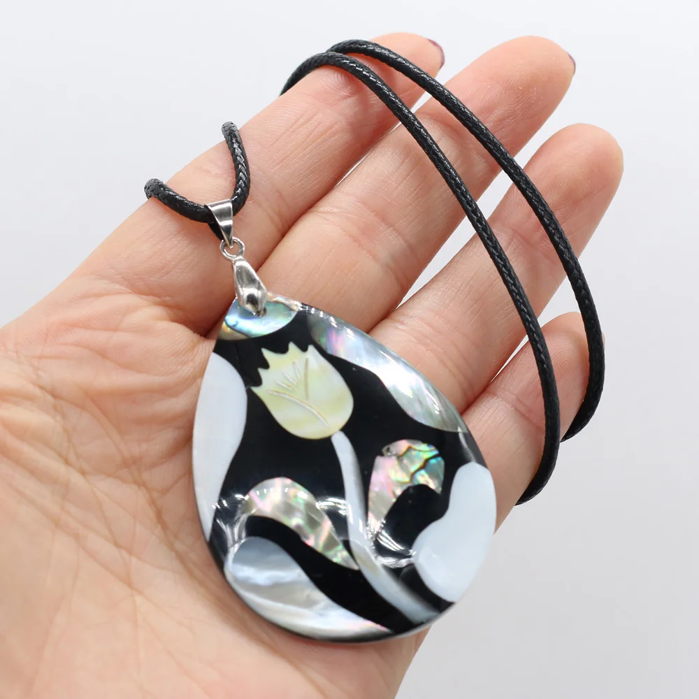 Natural Shell Necklace With Drop-Shaped Rose Flower Pendant Leather Cord 2MM Charms For Elegant Women Love Romantic Gift