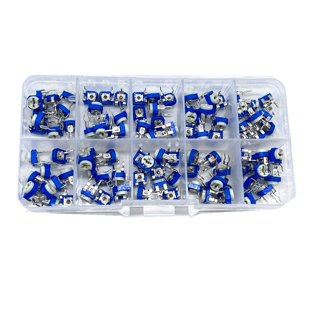 Imagem -03 - Caixa Rm065 Carbono Filme Horizontal Trimpot Potenciômetro Variedade Kit 10 Valores Resistor Variável 500r1m 100 Peças