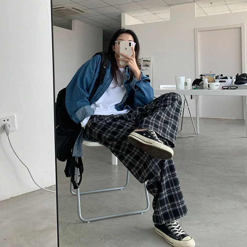 Wide Leg Pants Womens Hot Sale Summer Chic High Waist All-match Teens Streetwear Ins Trendy Harajuku Plaid Womens Black Trouser