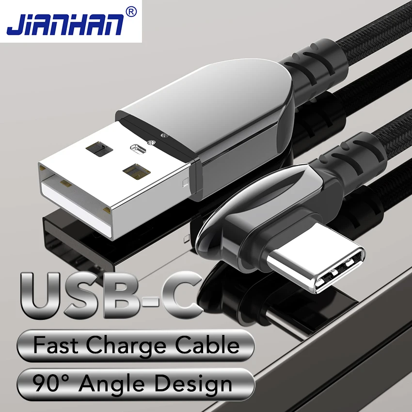 JianHan USB C Cable 90 Degree Fast Charging USB Type C Cable for Xiaomi Mi 10 9 8 Samsung Galaxy S20 S10 S9 S8 Plus USB-C Cord