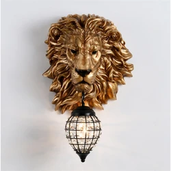 Nordic Black Gold Lion Wall Lights Animal Lion Head Resin Art Wall Lamp Luxury Decor Kitchen Wall Sconce Bedroom Indoor Lighting