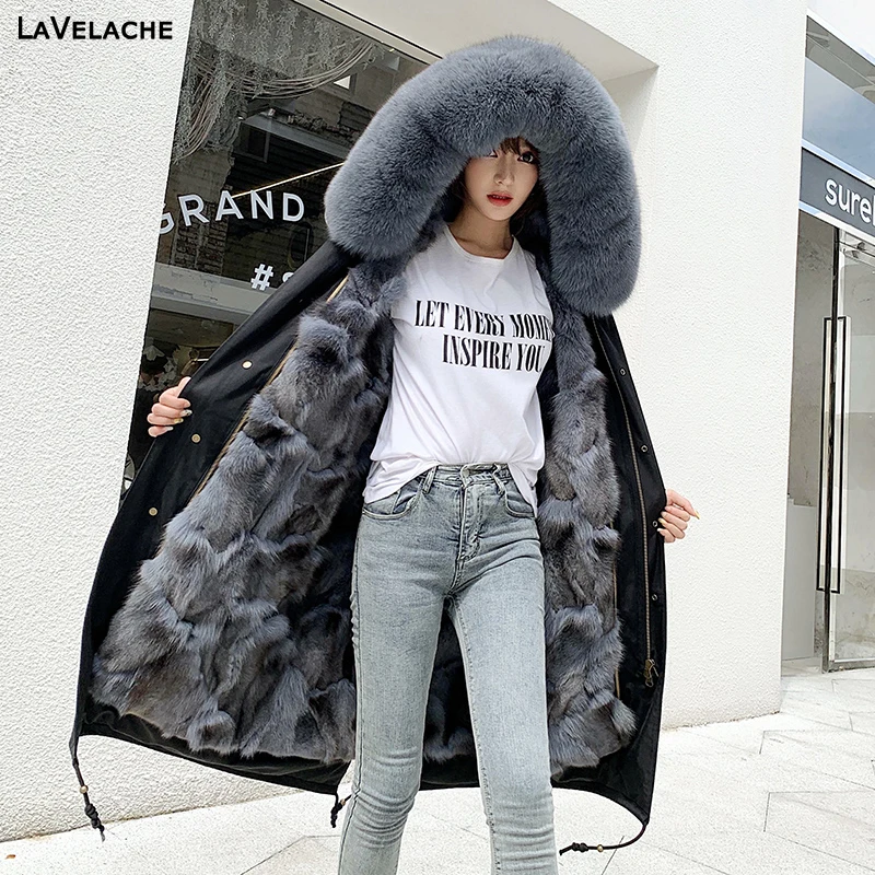 Winter Real Fox Fur Coat Women X-Long Jacket Waterproof Natural Fox Fur Liner Large Fox Fur Collar Hooded Streetwear Thick Warm