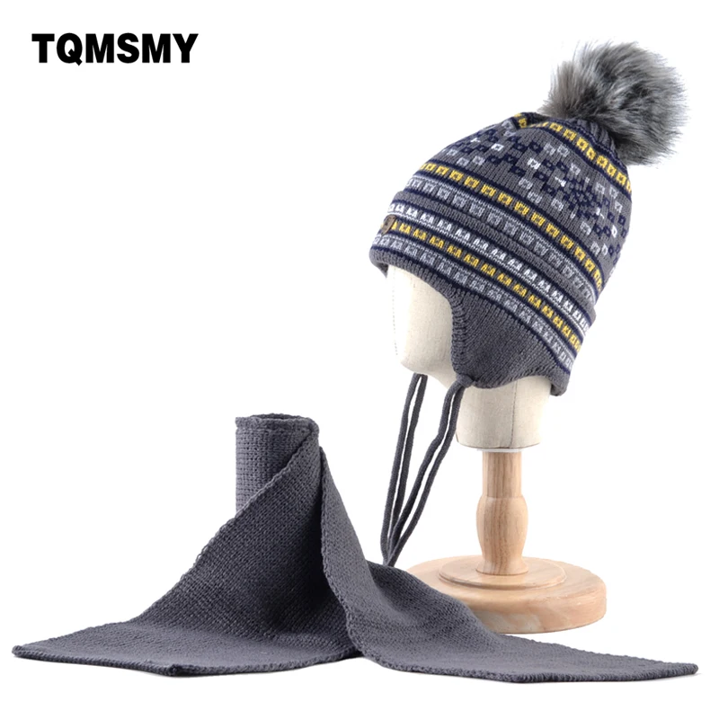 

Winter Warm Hat For boys Knitted wool Scarf Lovely Kids Beanies With Imitation Fur Pompom Thick Ear Flap Caps Children Sets