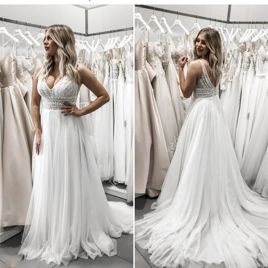 2021 Elegant Wedding Dress V-Neck Boho A-Line Backless Sweep Train Charming For Women Brides Robe De Mariee Custom Made Vintage