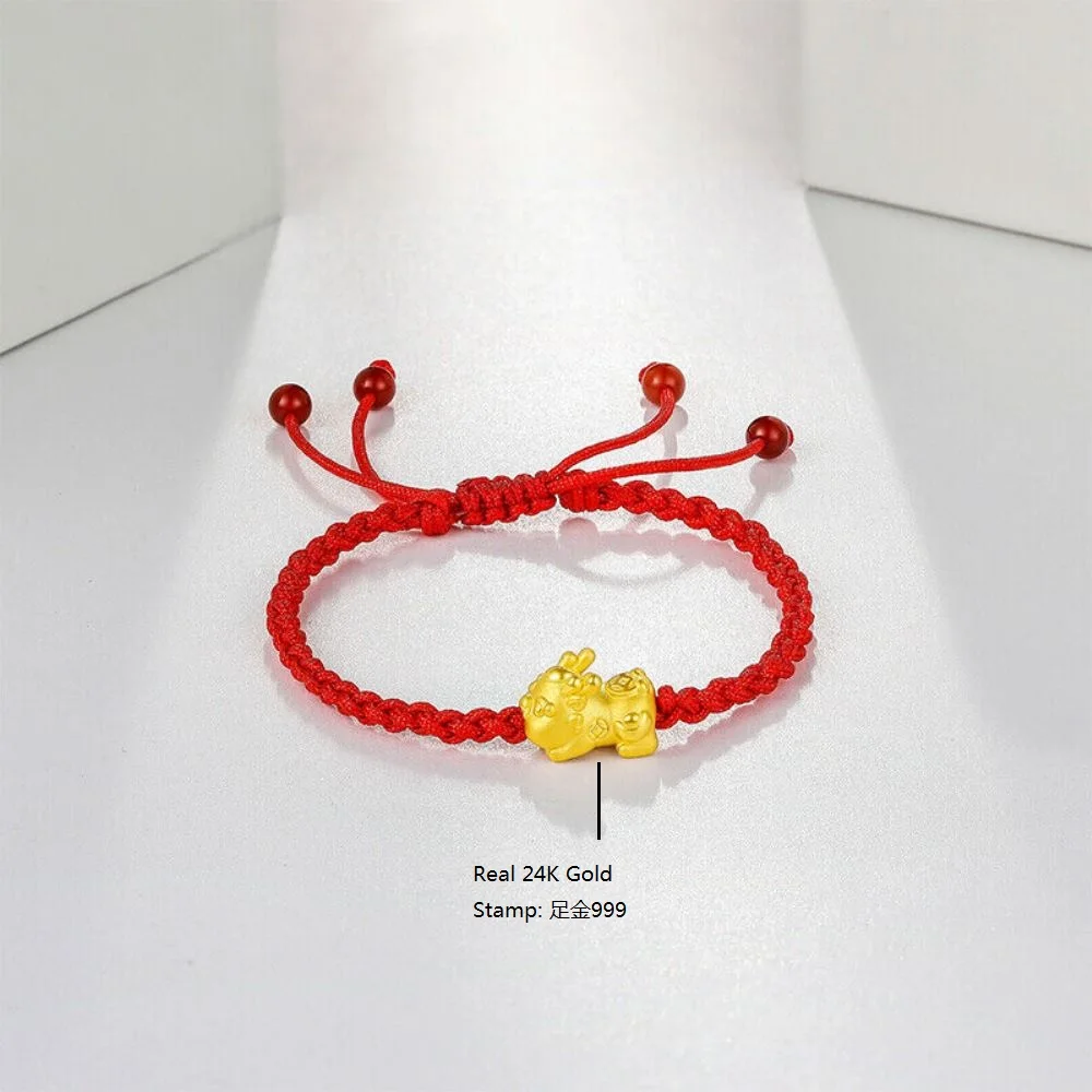 

Genuine 24K Yellow Gold Lovely Pixiu-Baby Red Cord Bracelet Length from 5" to 15"