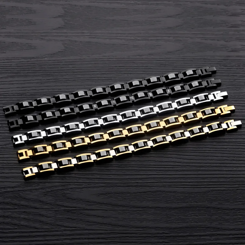 Mens Stainless Steel Magnetic Bracelet Male Black Ceramic Energy Germanium Hand Chain Gold Color Hologram Bracelets