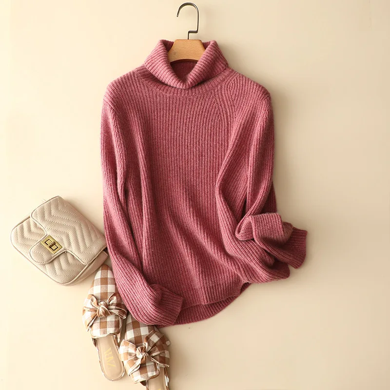 winter new chunky knit 100% cashmere turtleneck loose sweater knitwear women fashion warm jumper