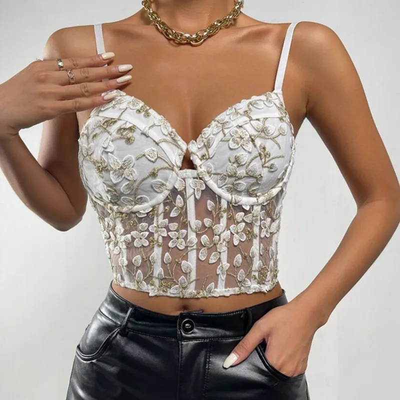 

Sexy Flower Embroidery See-Through Camisole Bra Fish Bone Shaping Thin Underwear Light Luxury Girl Bustier Corset q560